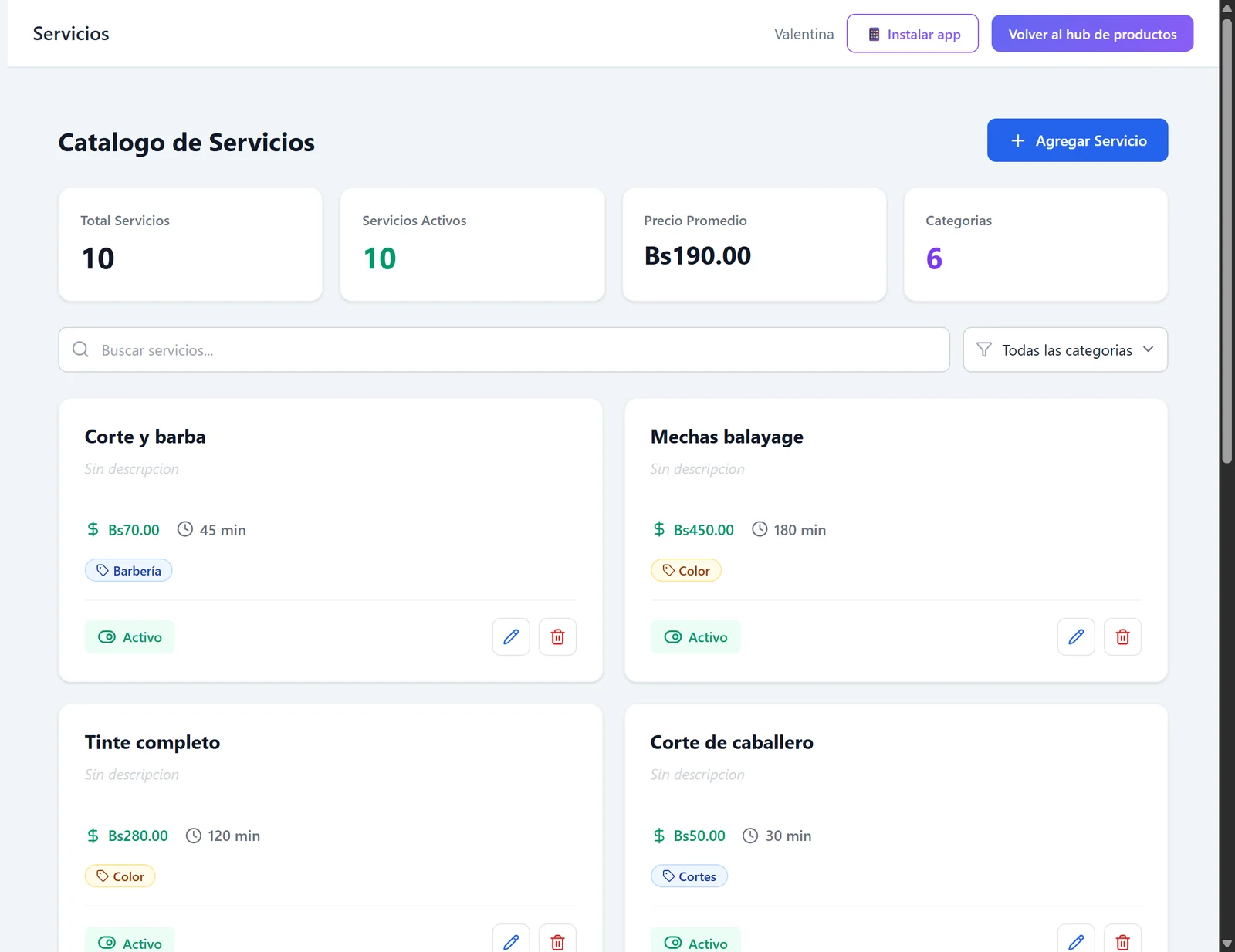 Catálogo de servicios con precio y duración