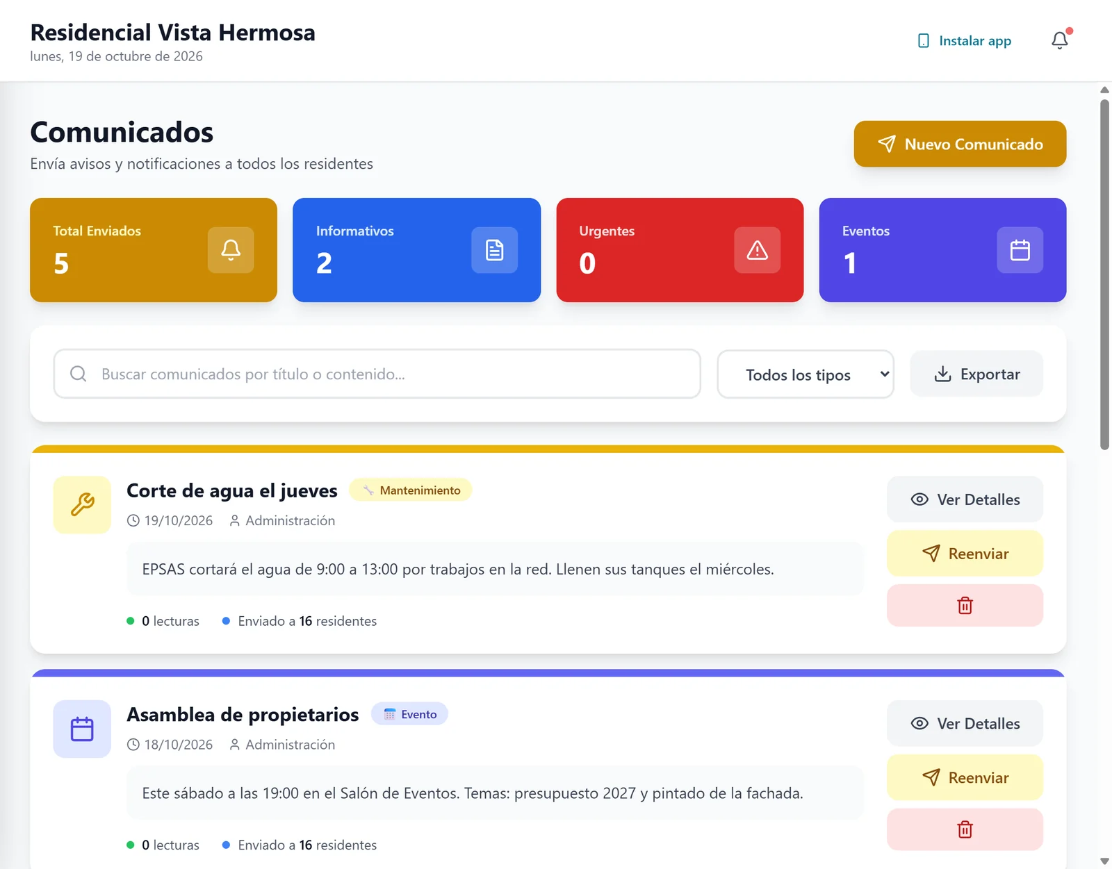 Comunicados enviados a los residentes
