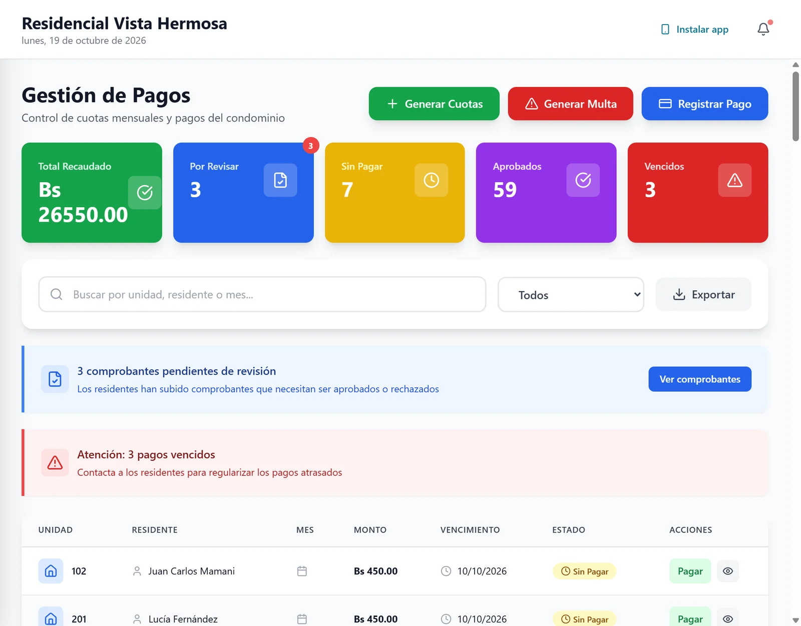 Gestión de cuotas, comprobantes y pagos vencidos