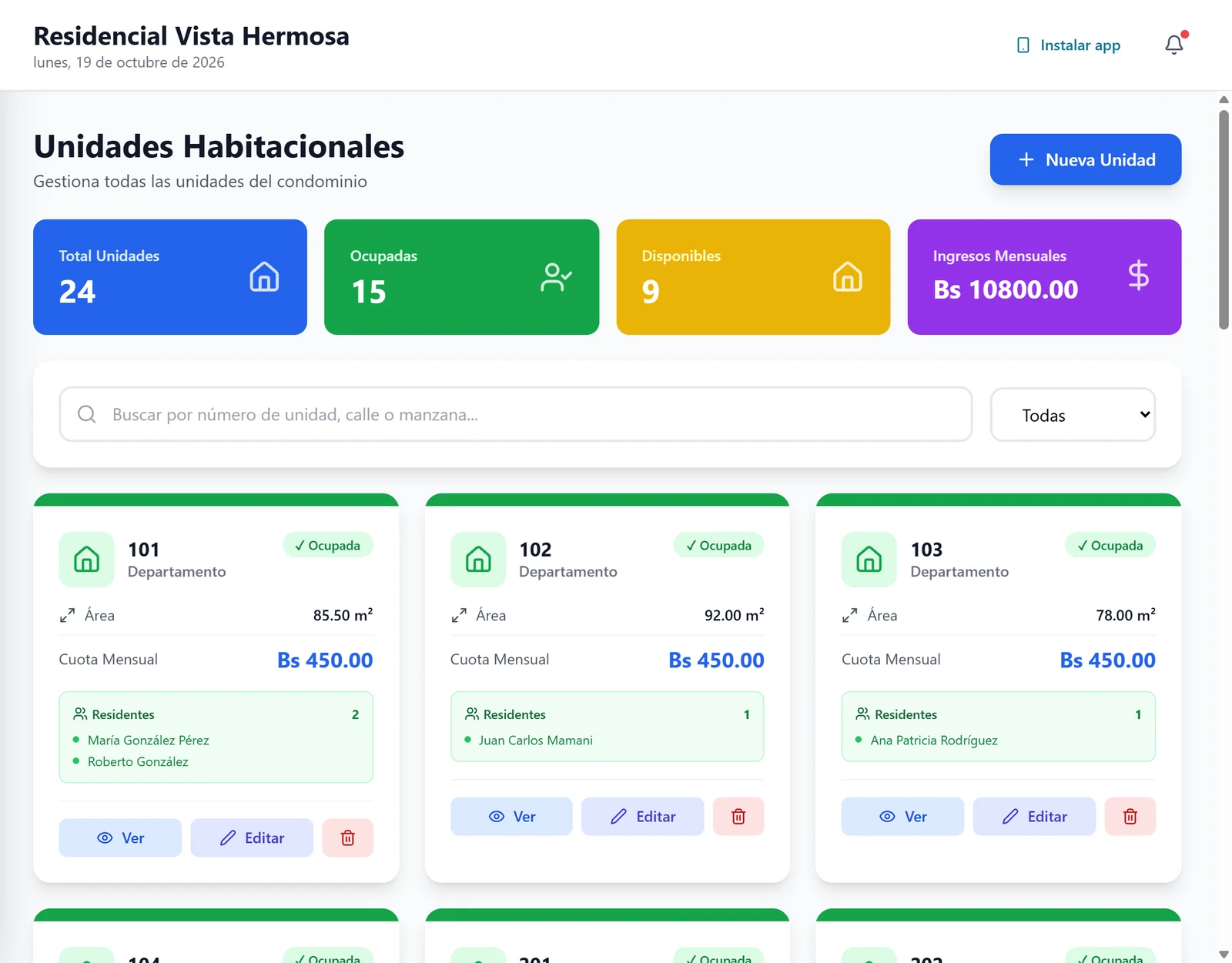Unidades con su cuota y sus residentes