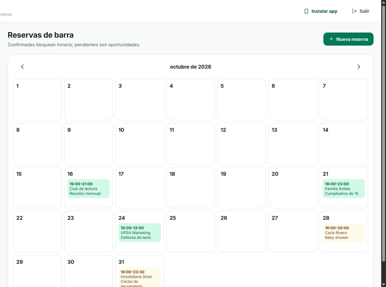 Calendario de reservas de eventos