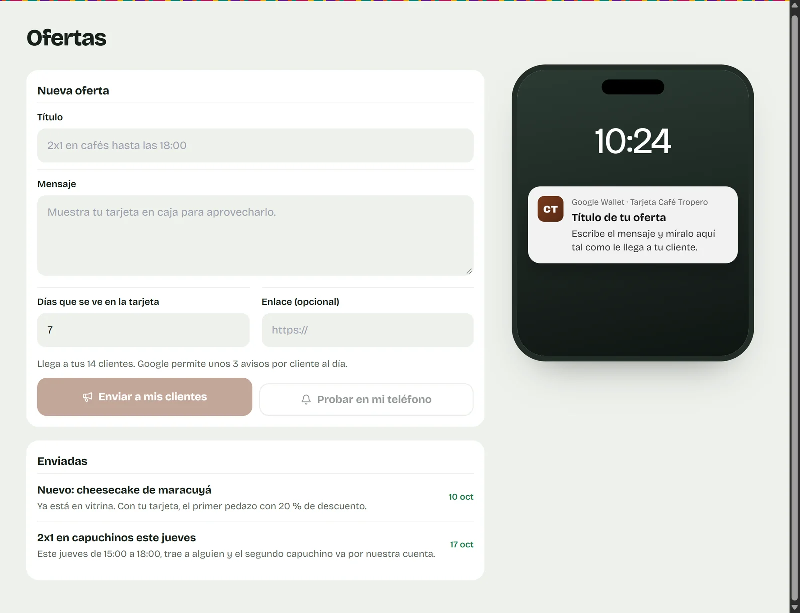 Envío de ofertas con la vista previa del aviso