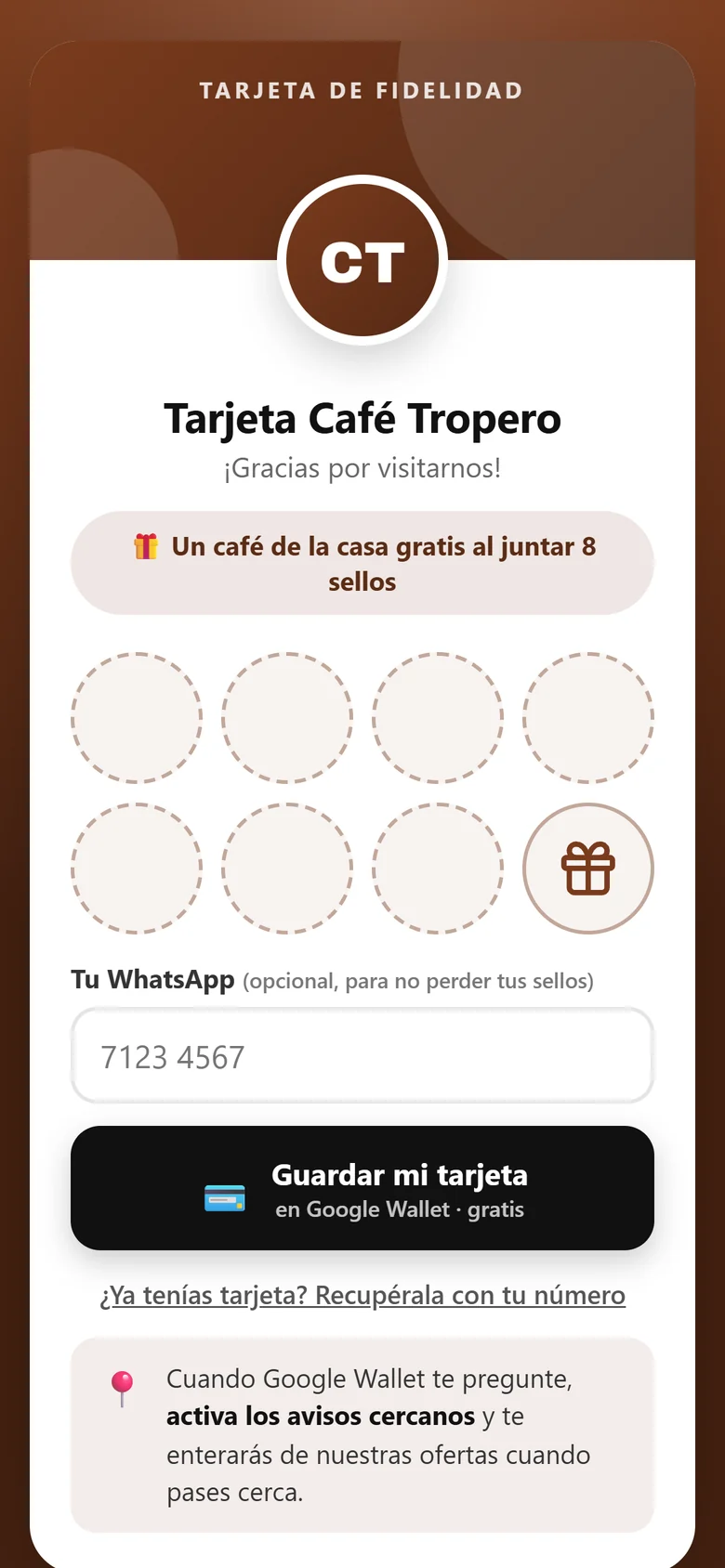 Página que ve el cliente al acercar el celular