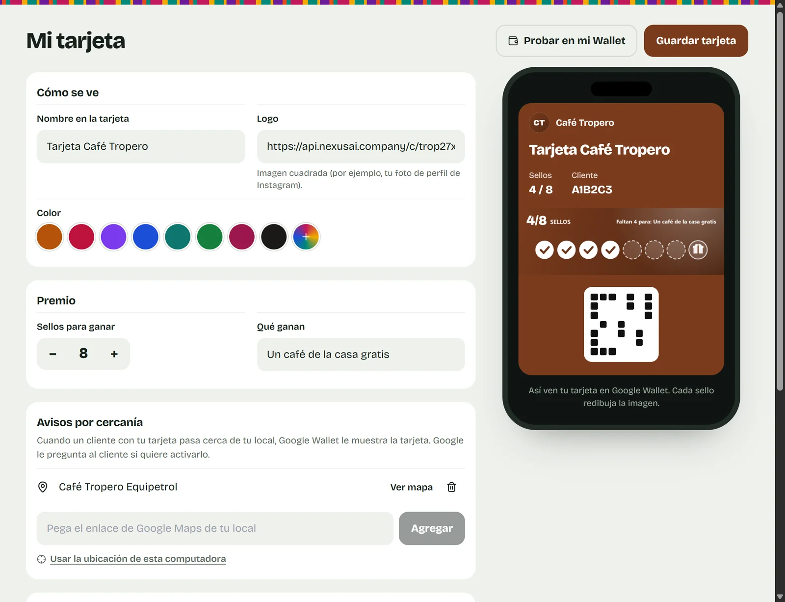 Diseño de la tarjeta con vista previa de Google Wallet