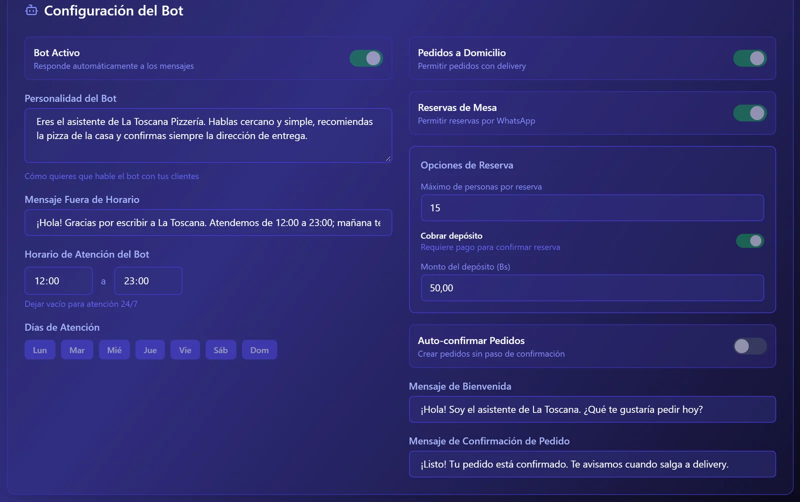Configuración del asistente: forma de hablar, horario, reservas y mensajes