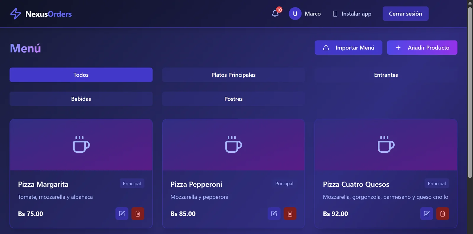 Carta del restaurante con platos y precios