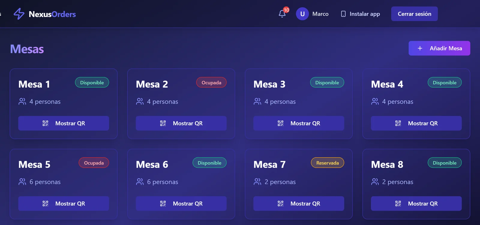 Mesas libres, ocupadas y reservadas